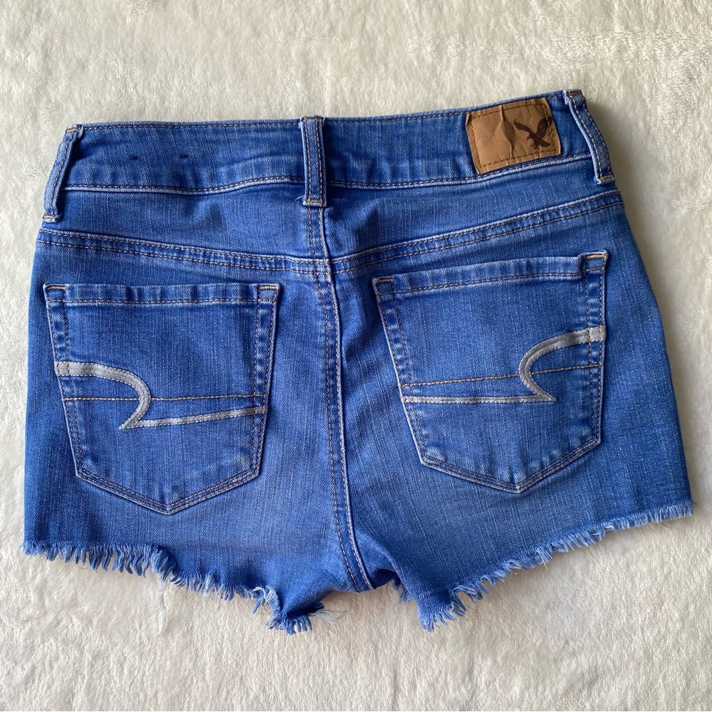 American Eagle Denim Shorts High Rise Shortie Blue‎ size 0 cut off super stretch